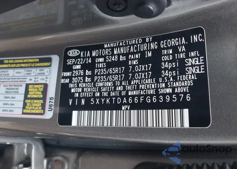 2015 Kia Sorento Lx z USA, uszkodzony, nr VIN 5XYKTDA66FG639576